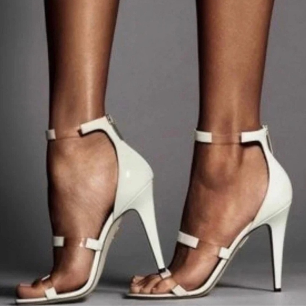 TAMARA MELLON Frontline 105 white patent leather Sandals.
